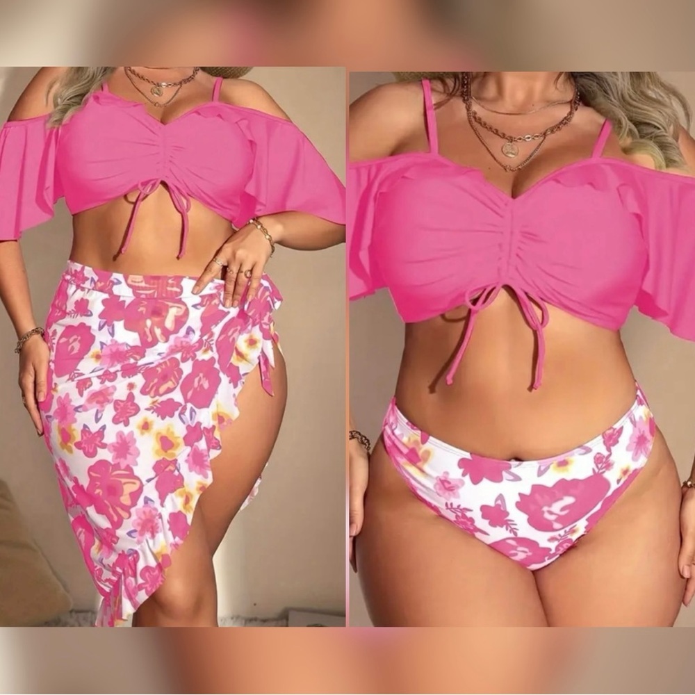 Plus Size 3pc Pink White Floral Bikini Set with Ruffle  Skirt Cover Up